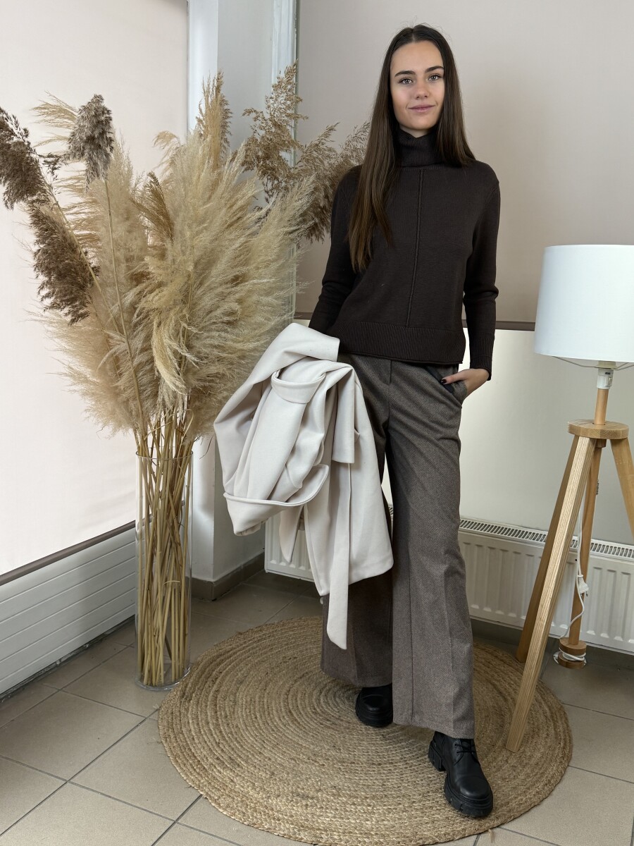 Öves bőszárú szövet nadrág - barna - Kép 14