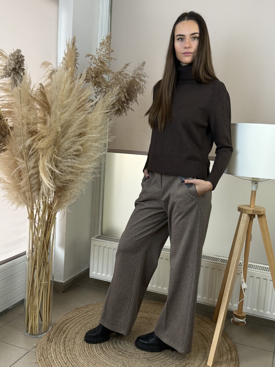 Öves bőszárú szövet nadrág - barna - Kép 12