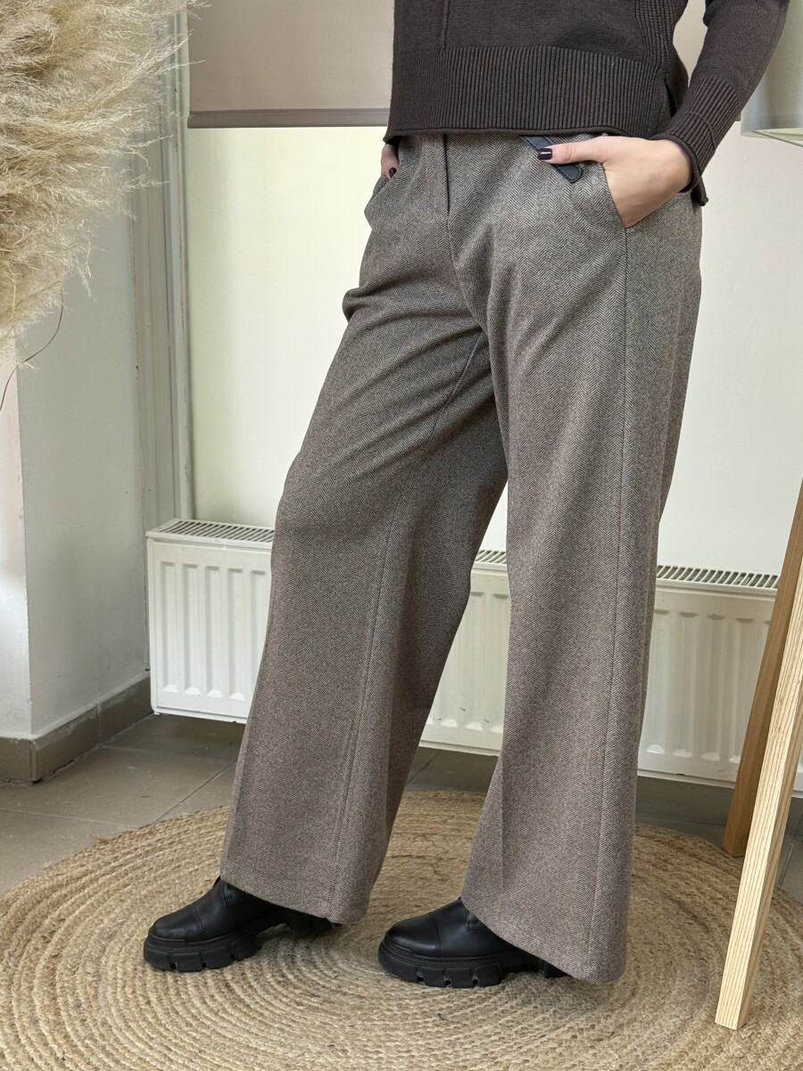 Öves bőszárú szövet nadrág - barna - Kép 6