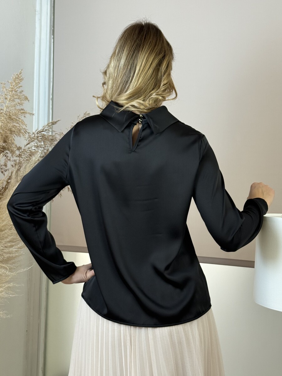 Álló nyakú szatén hatású blúz - fekete - Kép 14