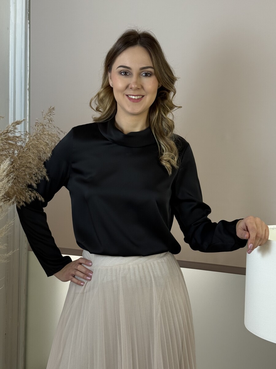 Álló nyakú szatén hatású blúz - fekete - Kép 10