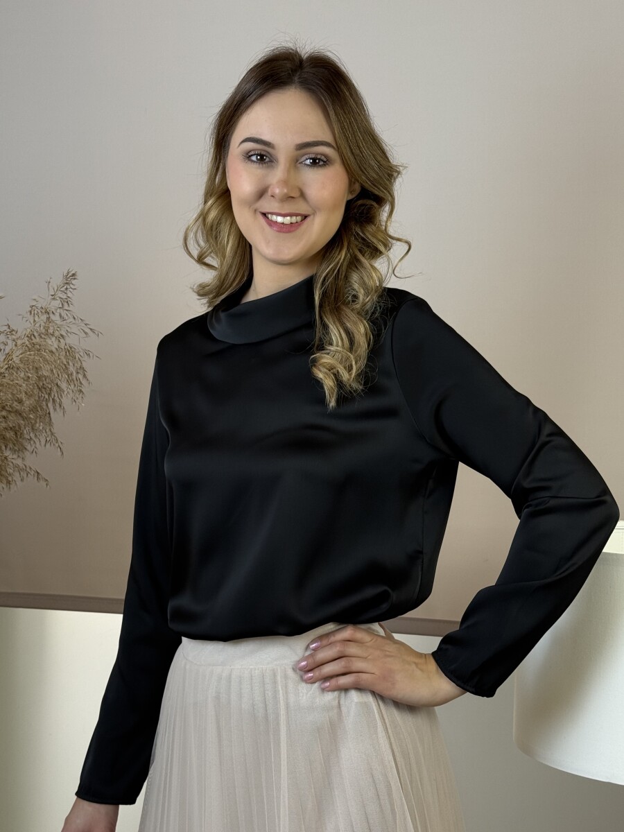 Álló nyakú szatén hatású blúz - fekete - Kép 7