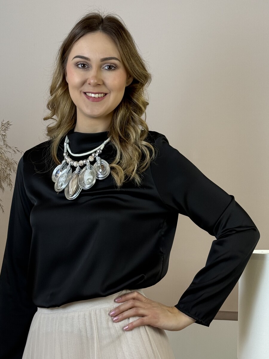 Álló nyakú szatén hatású blúz - fekete - Kép 2