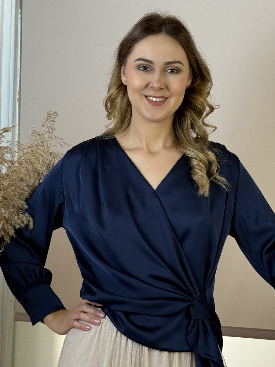 Átlapolt szatén hatású blúz - sötétkék - Kép 8