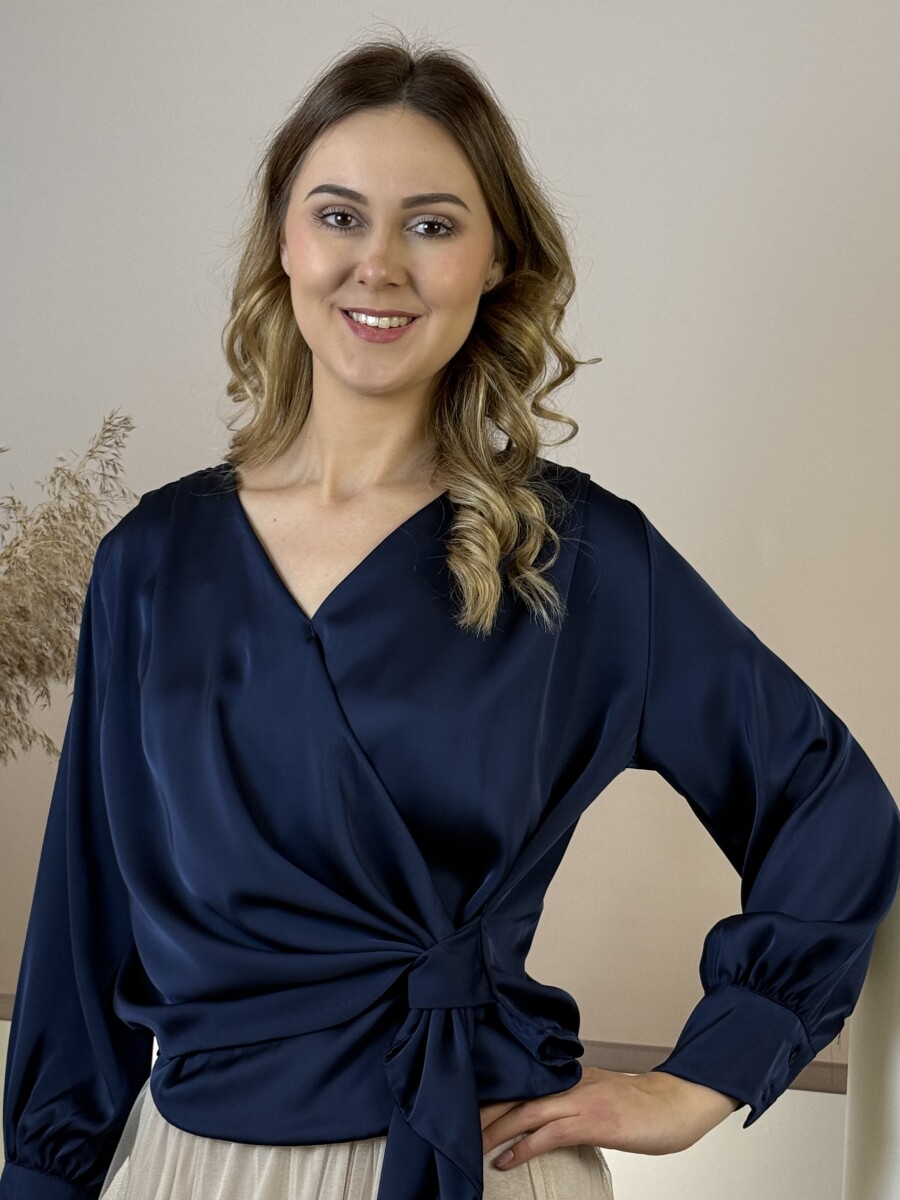 Átlapolt szatén hatású blúz - sötétkék - Kép 5