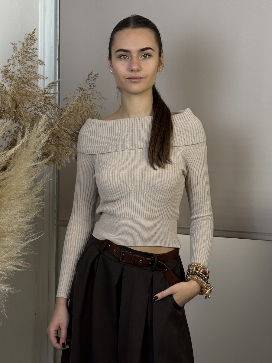 Kámzsás nyakú rövidállású pulóver - bézs - Kép 6