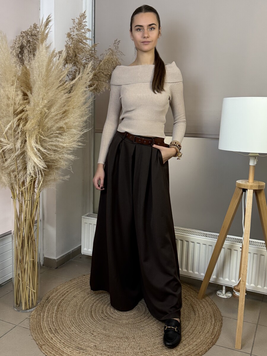 Kámzsás nyakú rövidállású pulóver - bézs - Kép 3