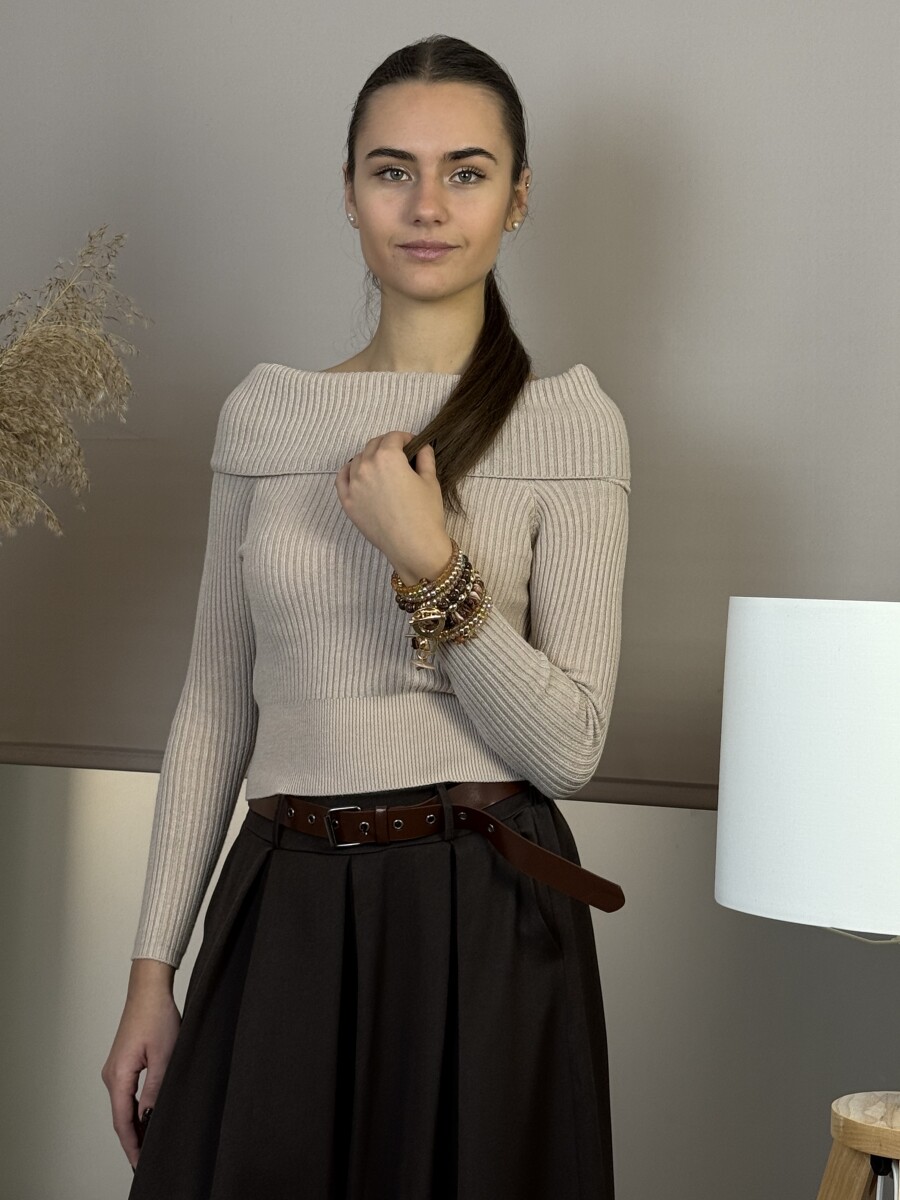 Kámzsás nyakú rövidállású pulóver - bézs - Kép 4