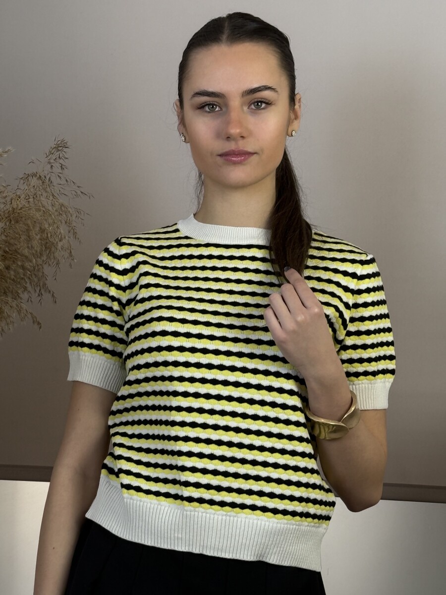 Rövid ujjú kötött pulóver - fekete-sárga-krém - Kép 6
