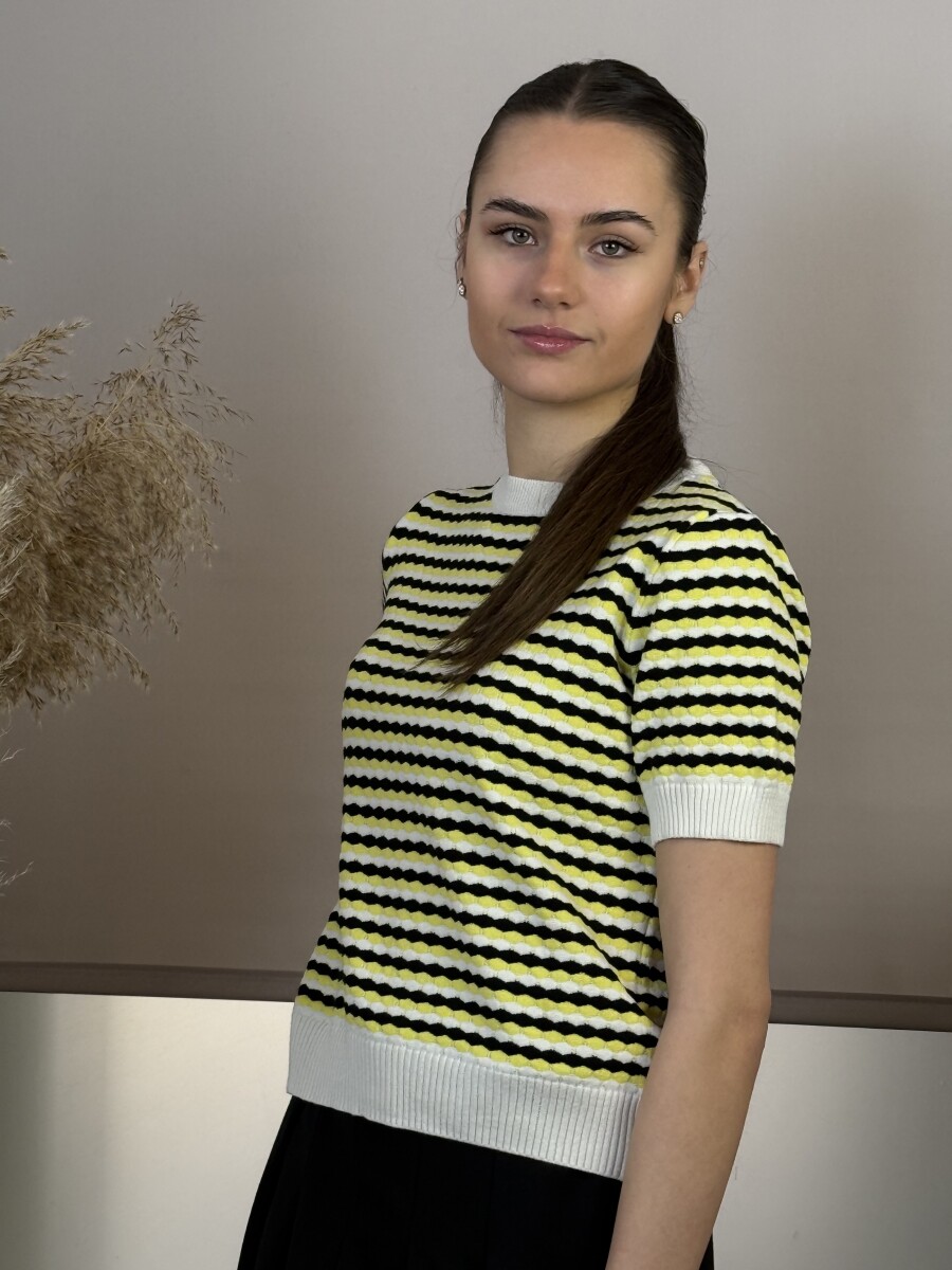 Rövid ujjú kötött pulóver - fekete-sárga-krém - Kép 2
