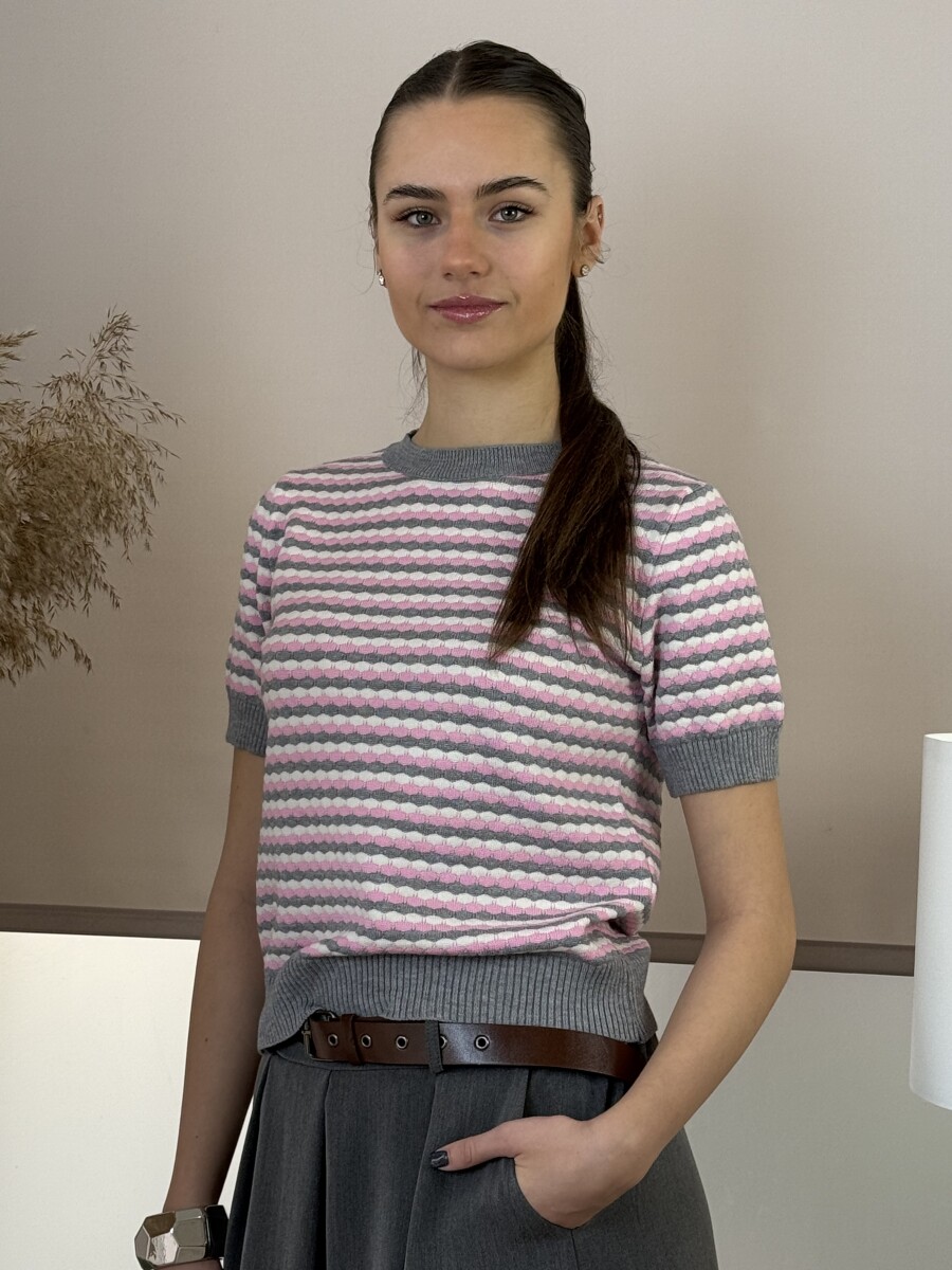 Rövid ujjú kötött pulóver - rózsaszín-szürke-fehér - Kép 9