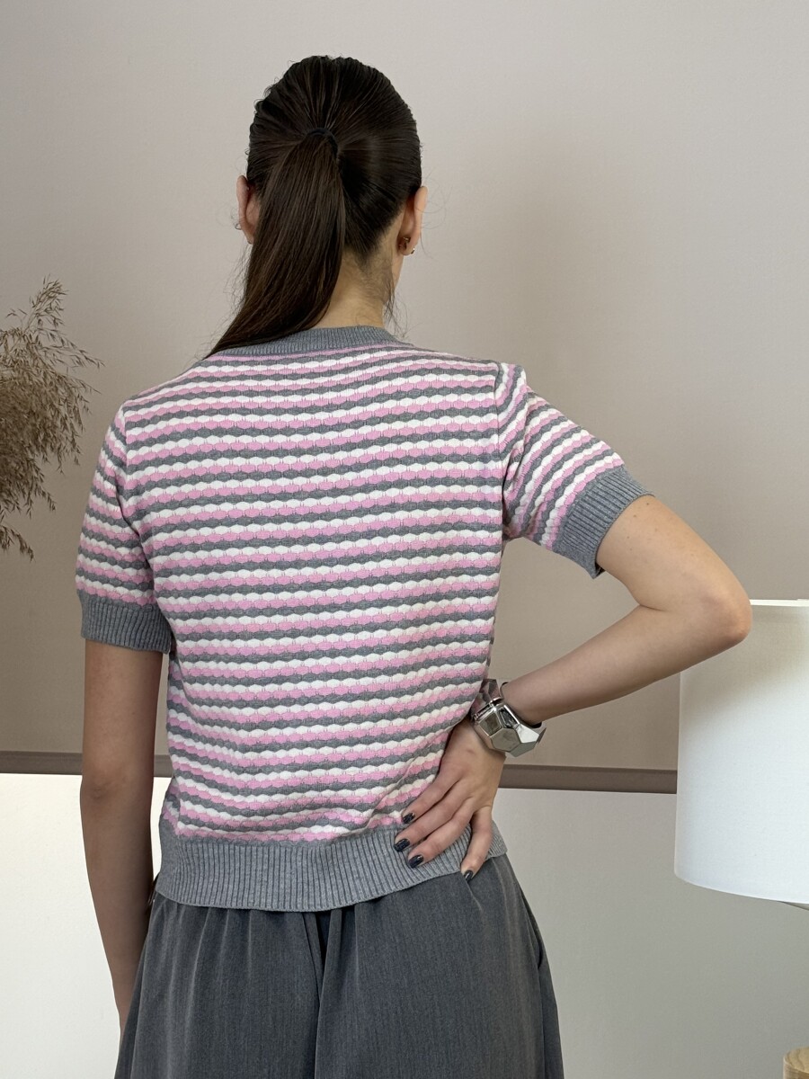 Rövid ujjú kötött pulóver - rózsaszín-szürke-fehér - Kép 13