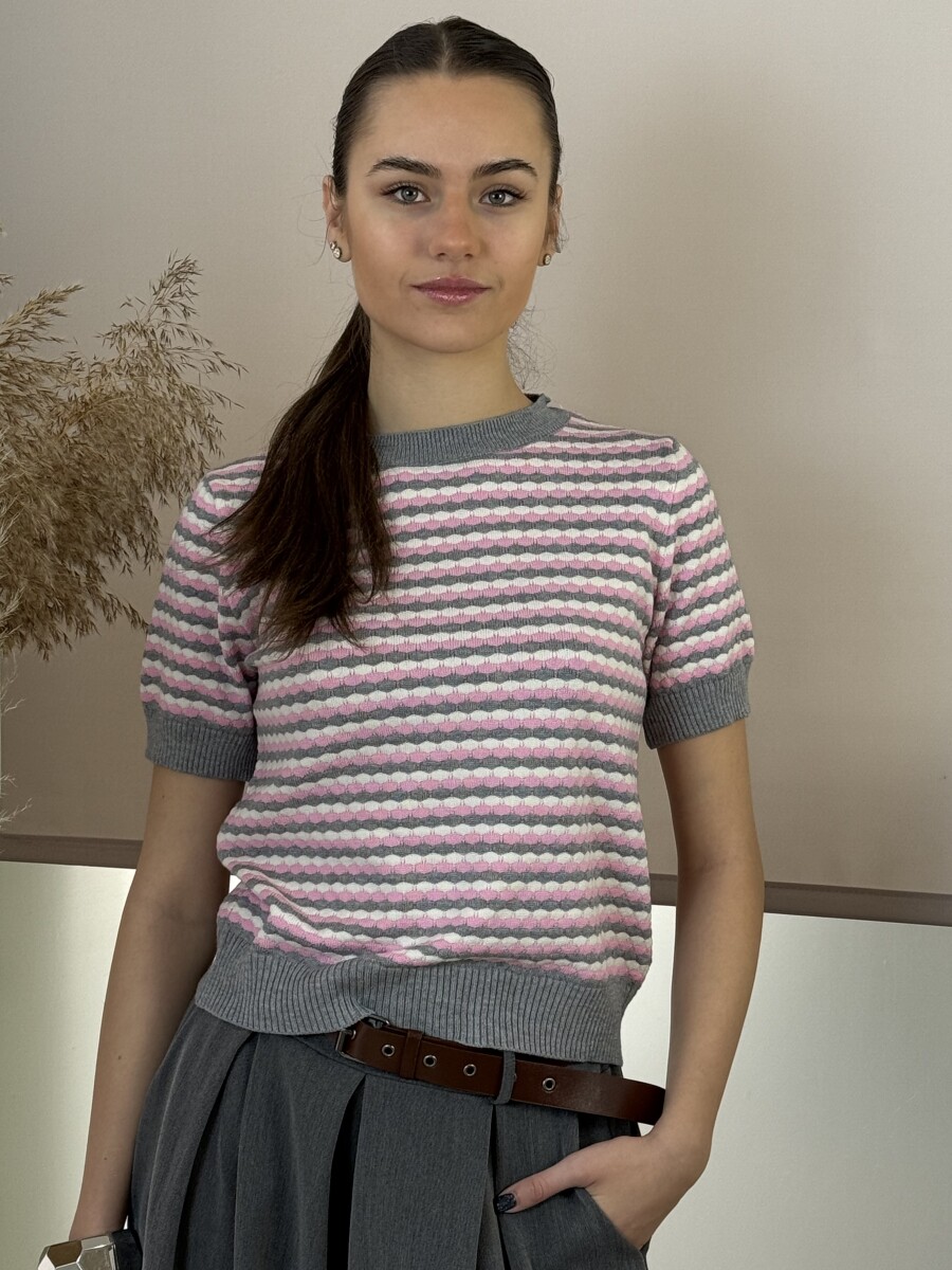 Rövid ujjú kötött pulóver - rózsaszín-szürke-fehér - Kép 8