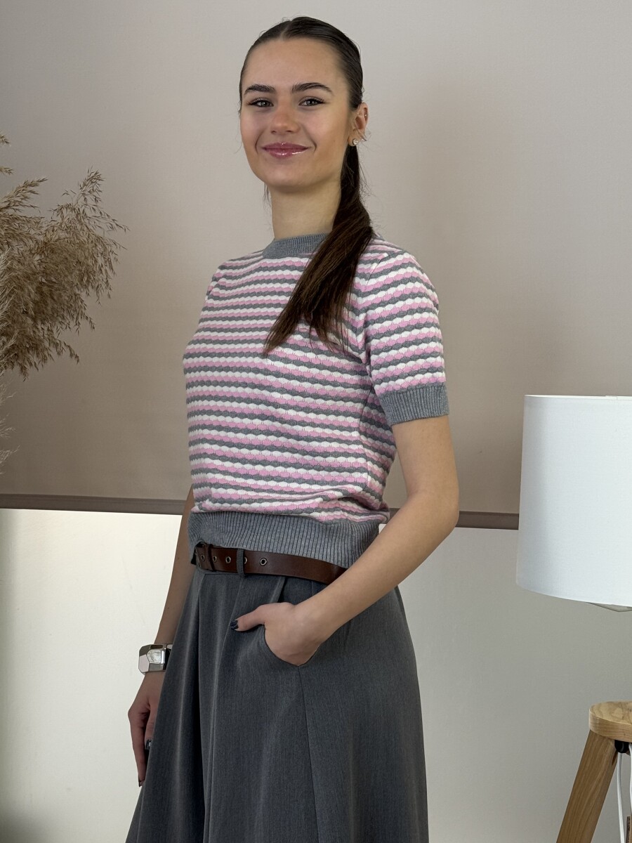 Rövid ujjú kötött pulóver - rózsaszín-szürke-fehér - Kép 7