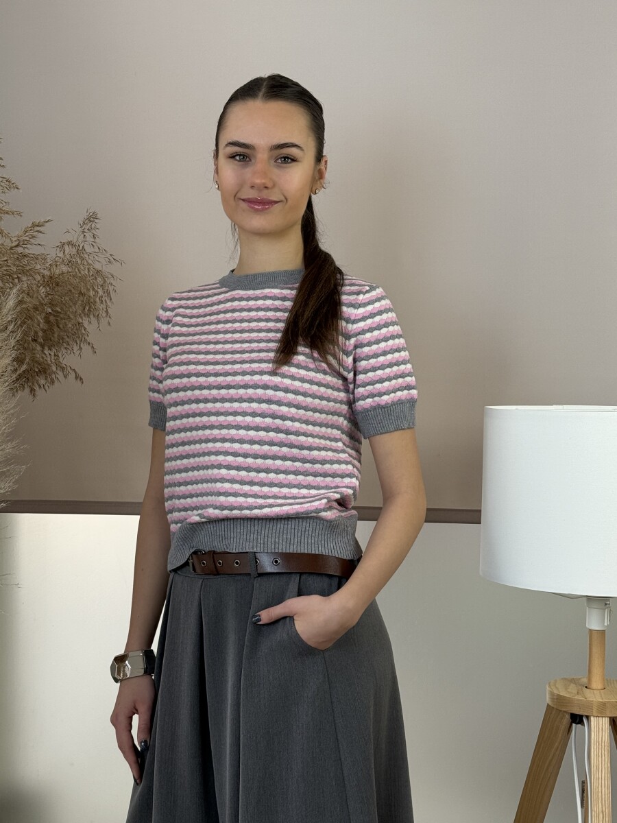 Rövid ujjú kötött pulóver - rózsaszín-szürke-fehér - Kép 11