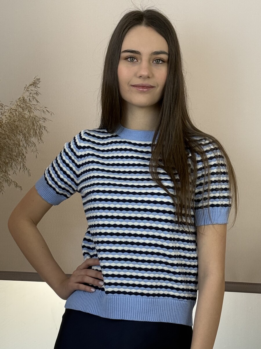 Rövid ujjú kötött pulóver - világoskék-s.kék-fehér - Kép 4