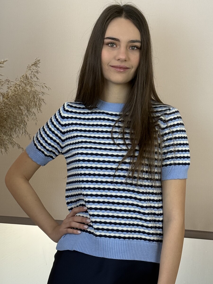 Rövid ujjú kötött pulóver - világoskék-s.kék-fehér - Kép 7