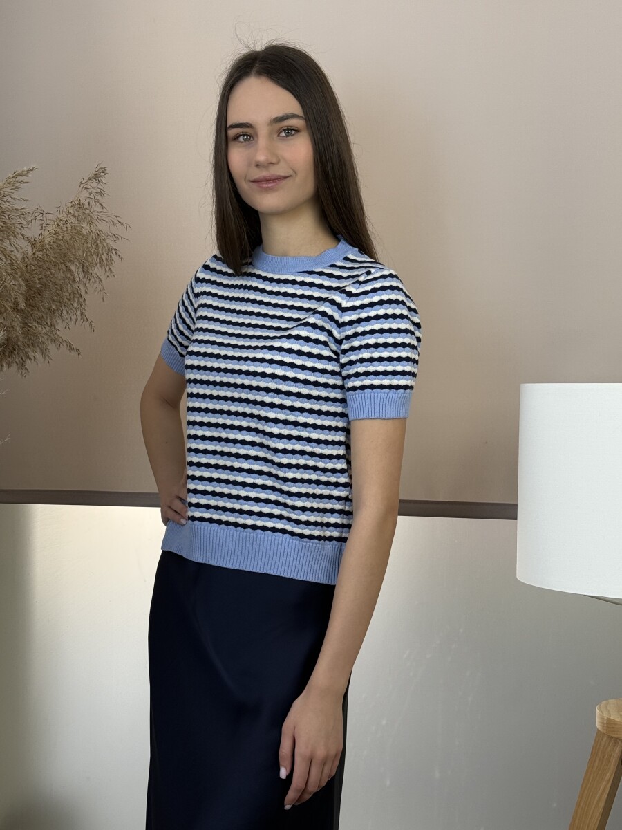 Rövid ujjú kötött pulóver - világoskék-s.kék-fehér - Kép 9