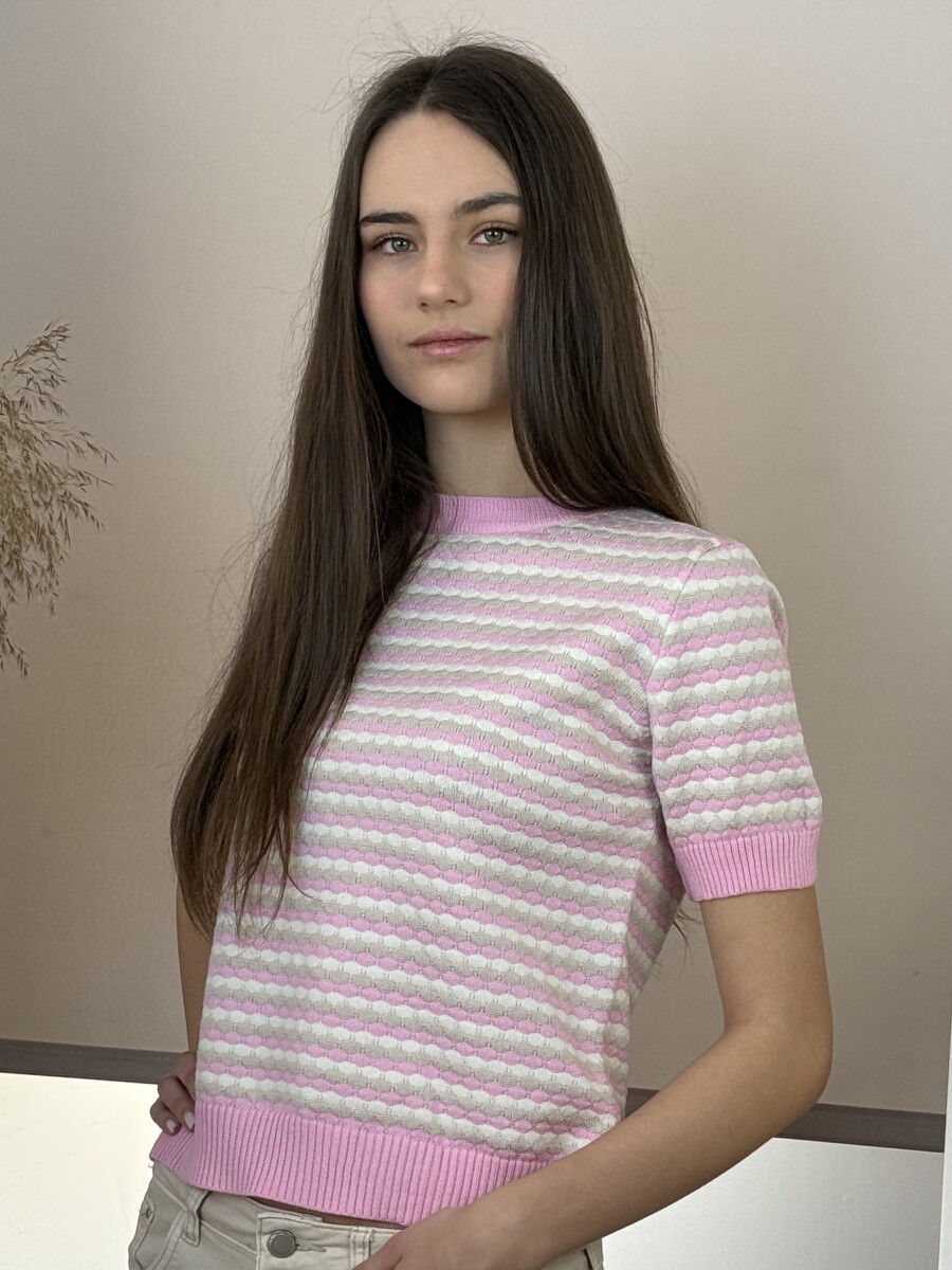Rövid ujjú kötött pulóver - rózsaszín-bézs-fehér - Kép 5