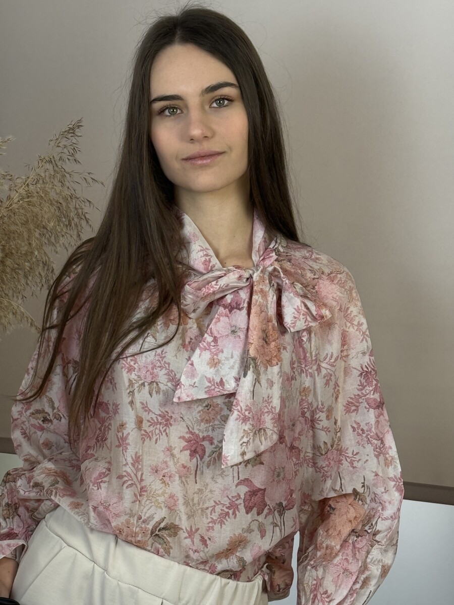 Virágos blúz masnival - rózsaszín - Kép 8
