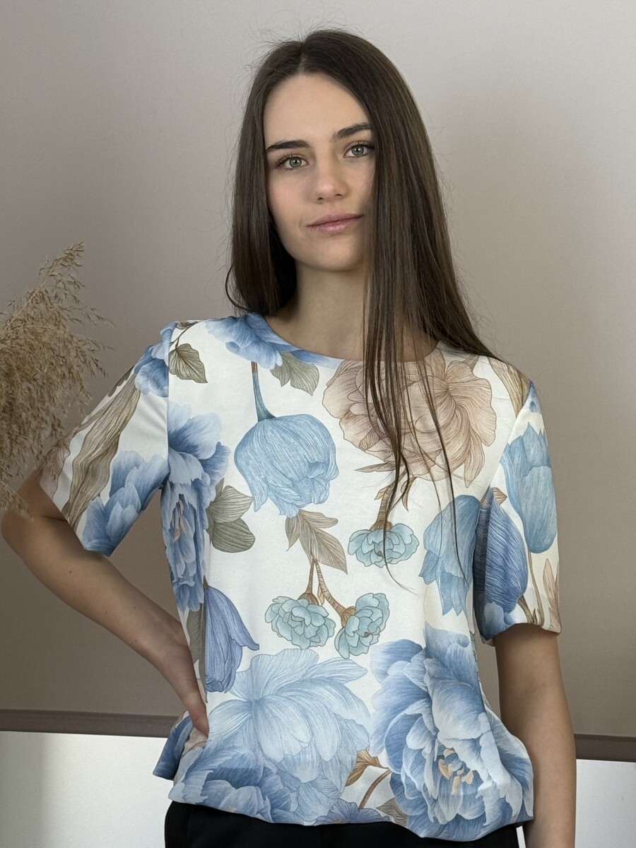 Virágmintás blúz kötővel - világoskék - Kép 5