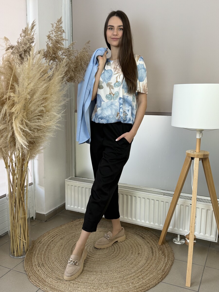 Virágmintás blúz kötővel - világoskék - Kép 3