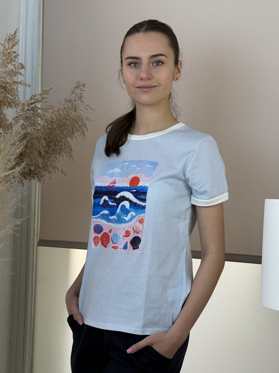 Csíkos póló - fehér-tenger kép - Kép 2