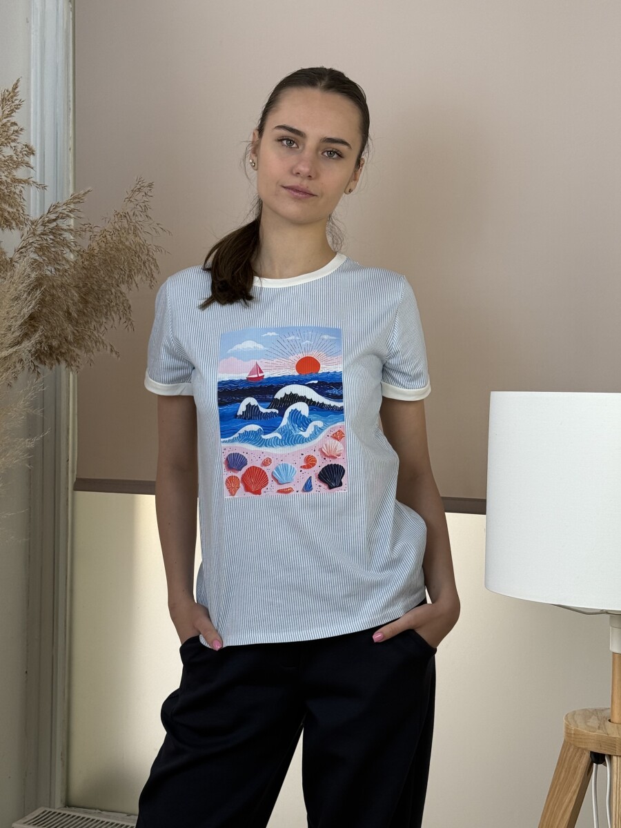 Csíkos póló - fehér-tenger kép - Kép 1