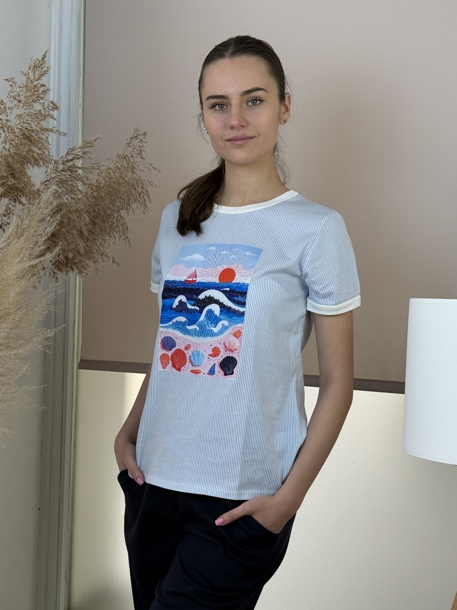 Csíkos póló - fehér-tenger kép - Kép 8