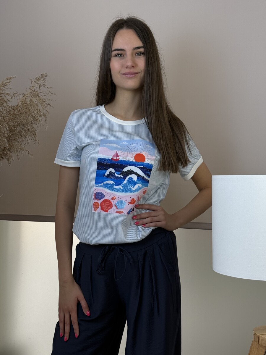 Csíkos póló - fehér-tenger kép - Kép 1