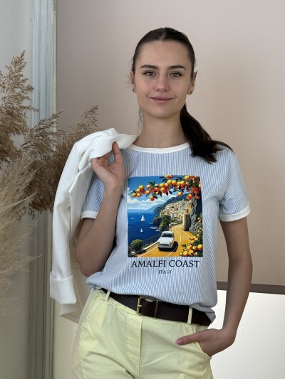 Csíkos póló - fehér-amalfi kép