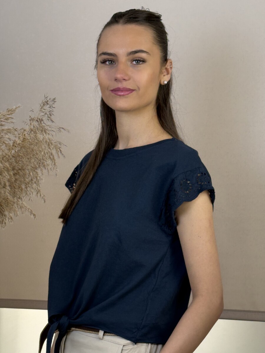 Madeirás vállú kötős póló - sötétkék - Kép 2