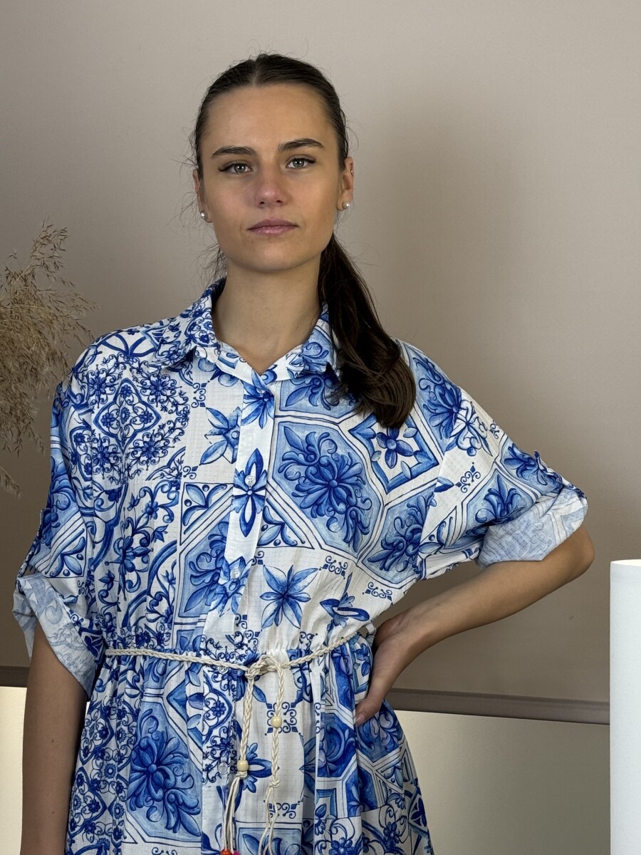 Mintás ingruha kötővel - fehér-royalkék - Kép 9