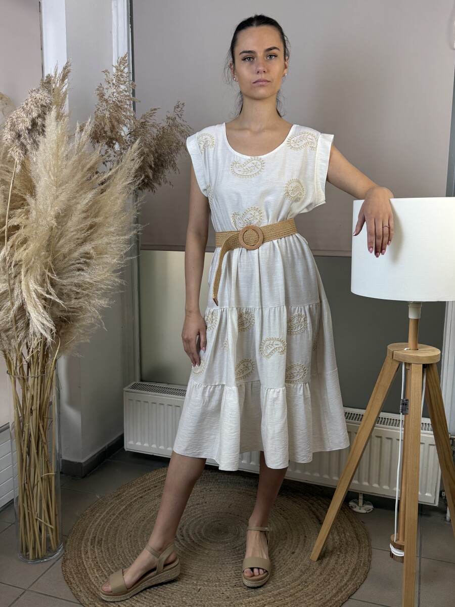 Hímzett öves ruha - bézs - Kép 1