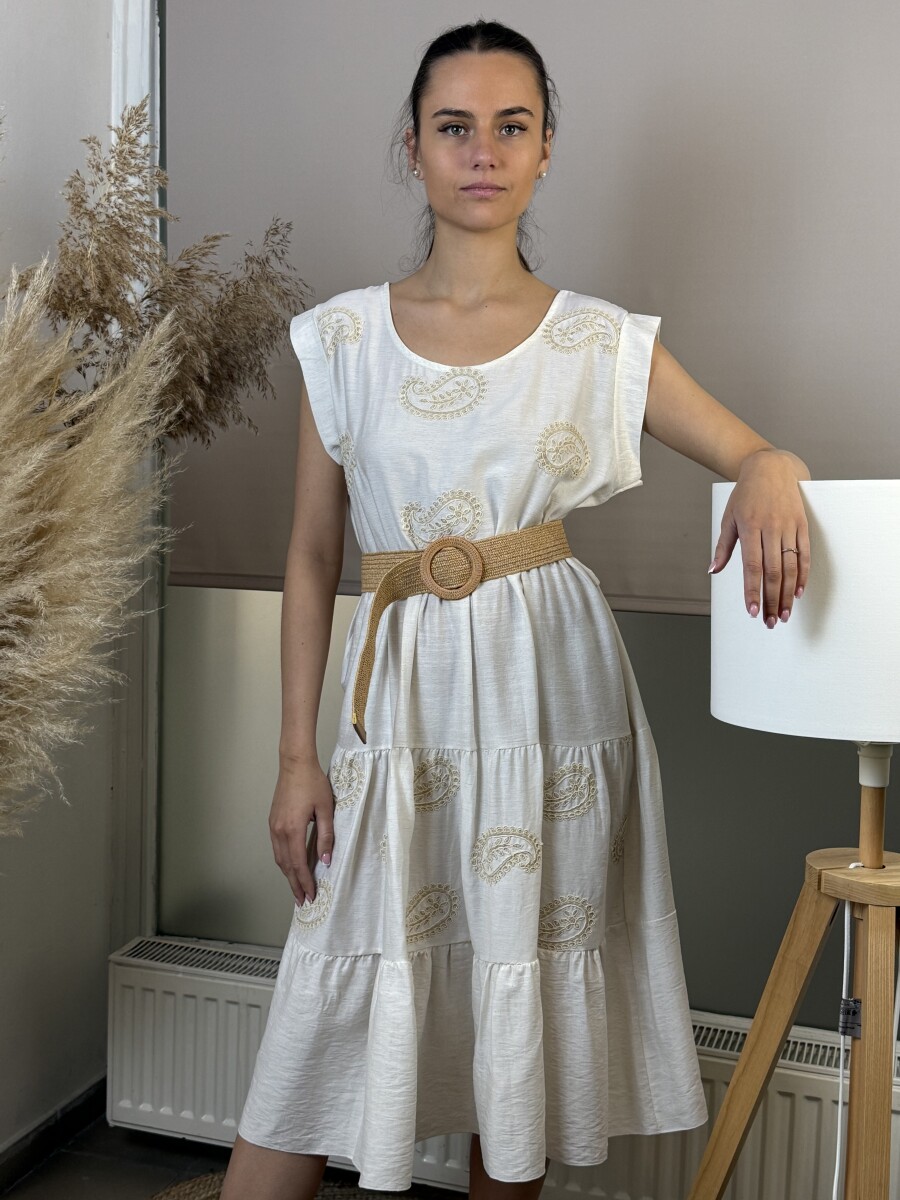 Hímzett öves ruha - bézs - Kép 3