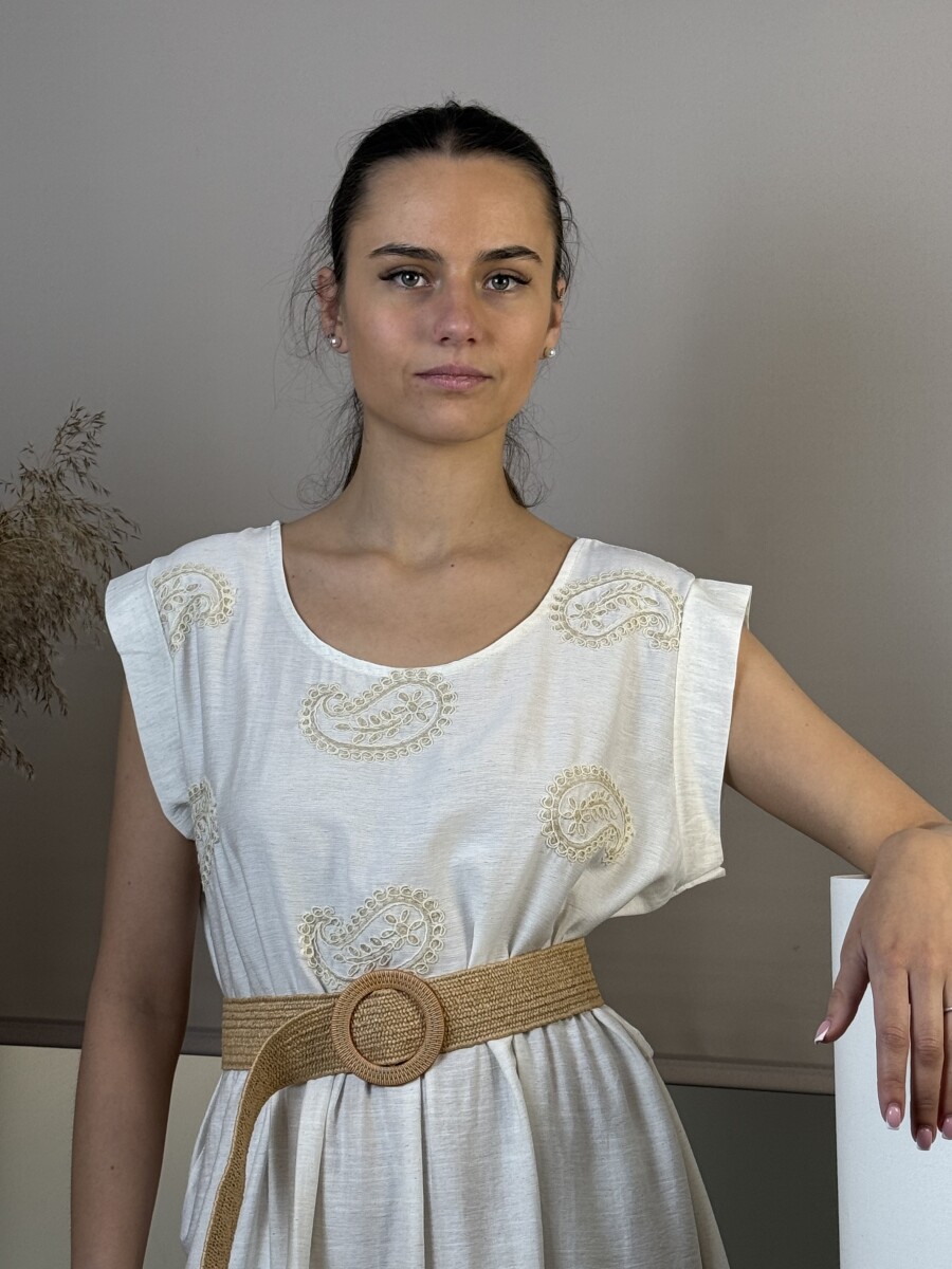 Hímzett öves ruha - bézs - Kép 4