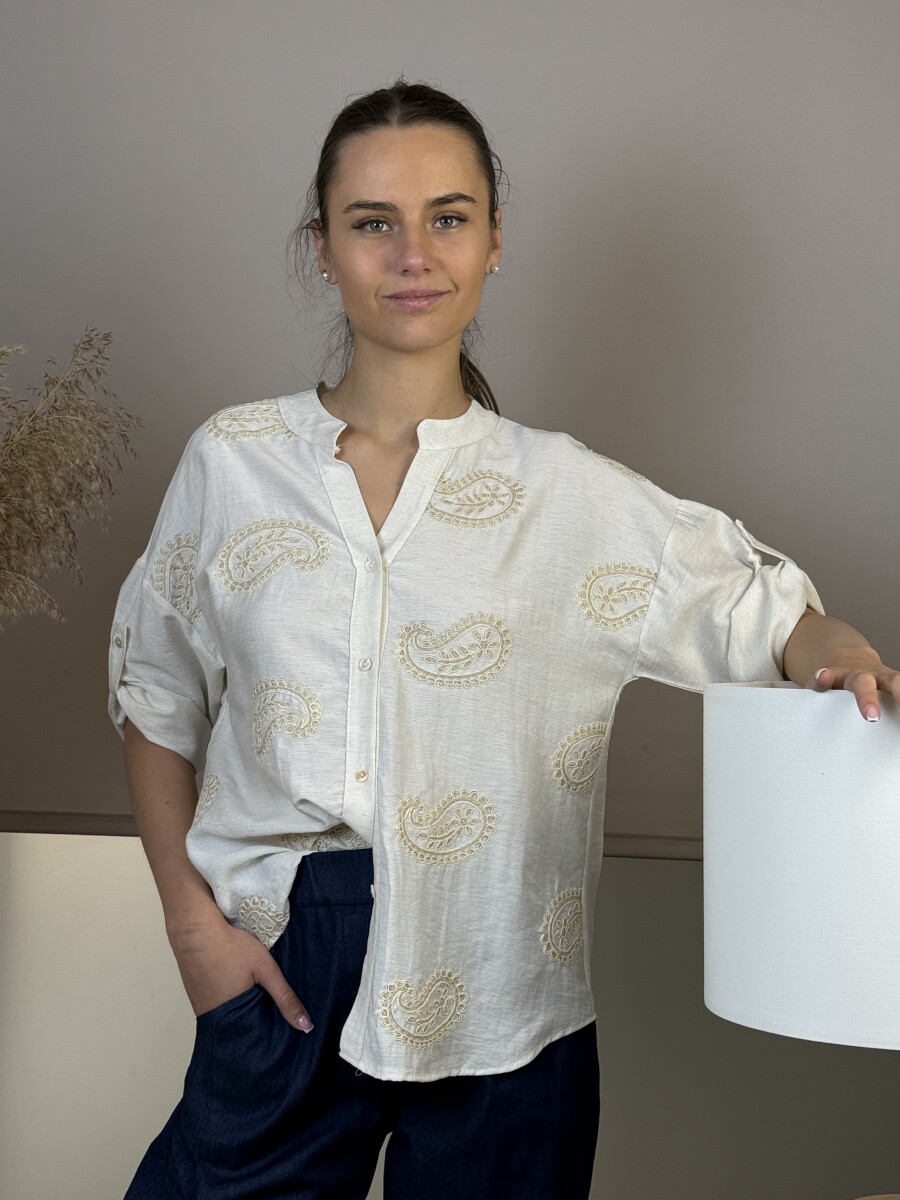Hímzett álló nyakú ing - bézs - Kép 16
