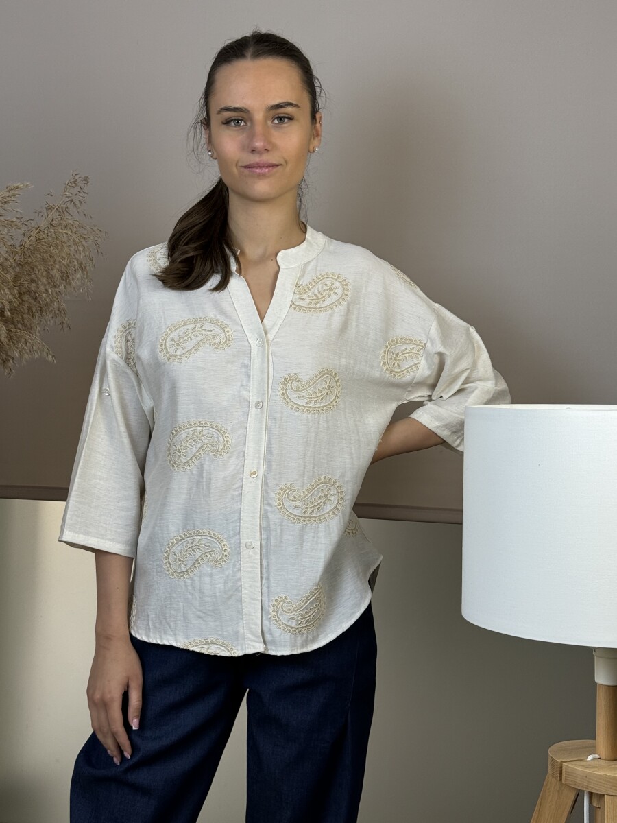 Hímzett álló nyakú ing - bézs - Kép 9