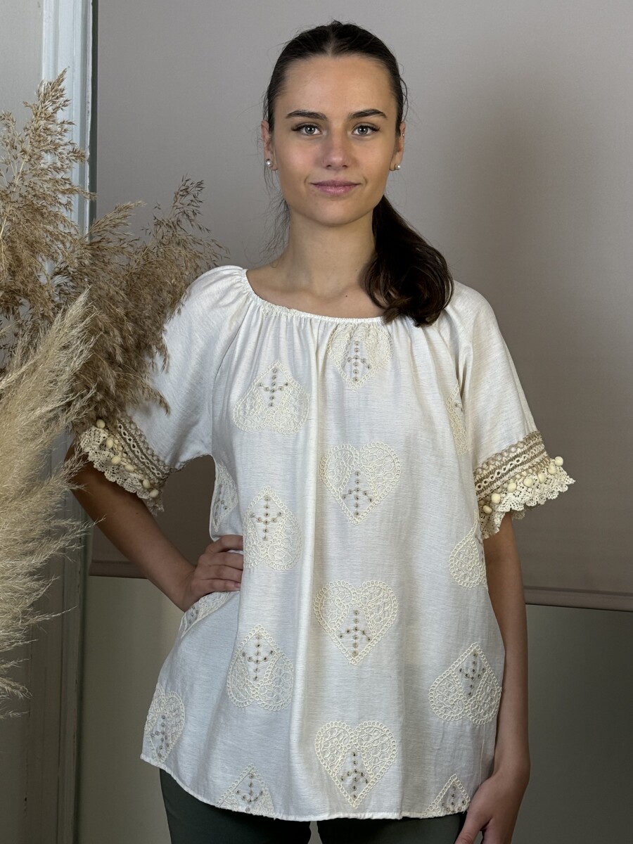 Hímzett madeirás blúz - bézs - Kép 7