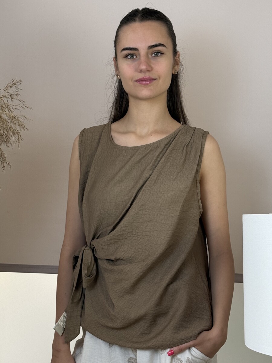Ujjatlan kötős blúz - karamell - Kép 8
