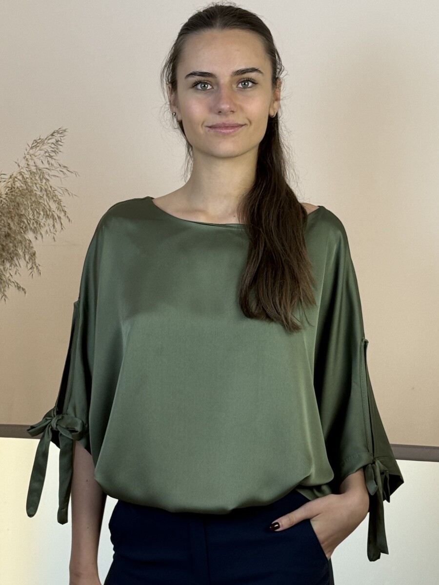T ujjas szatén hatású blúz - khaki - Kép 13