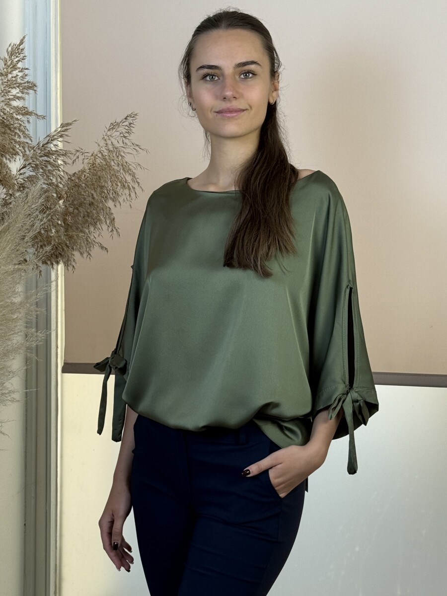 T ujjas szatén hatású blúz - khaki - Kép 2