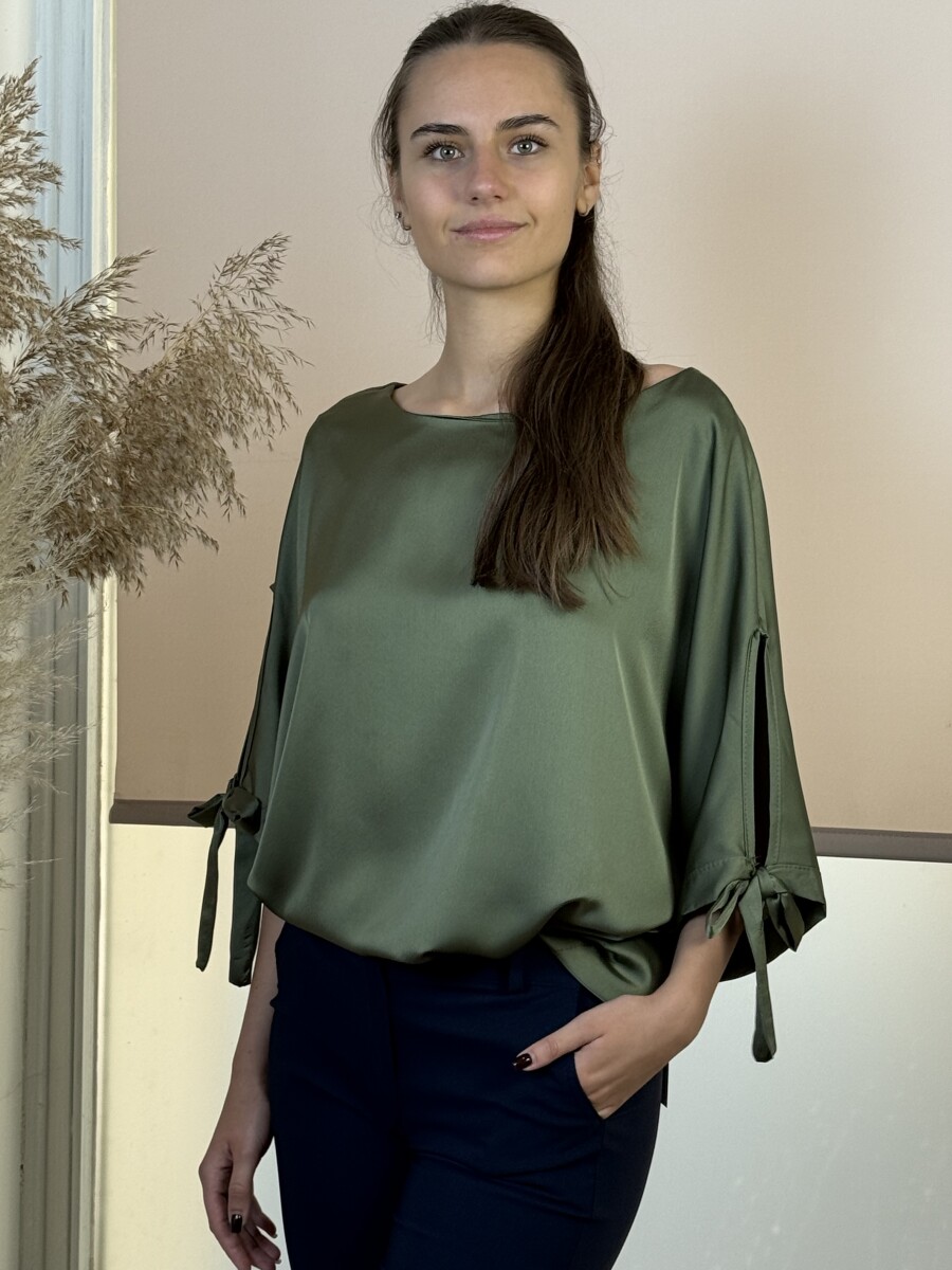 T ujjas szatén hatású blúz - khaki - Kép 10