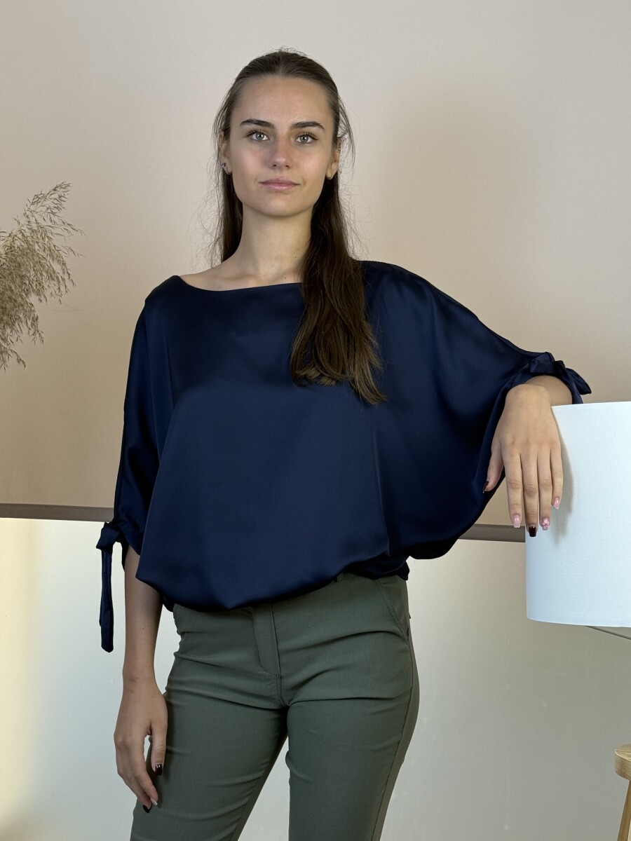 T ujjas szatén hatású blúz - sötétkék - Kép 4