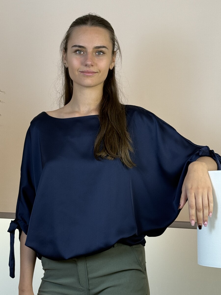 T ujjas szatén hatású blúz - sötétkék - Kép 7