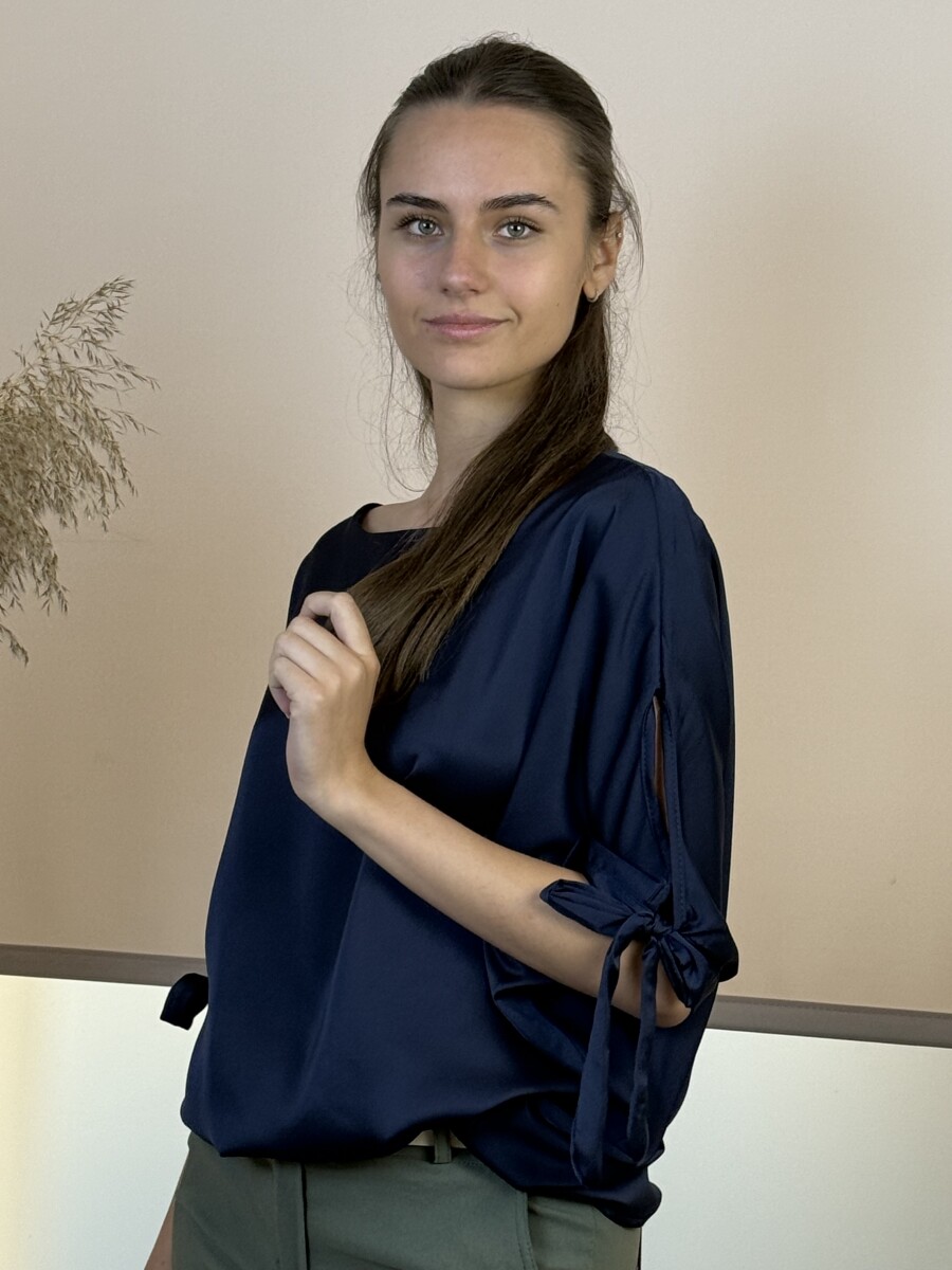 T ujjas szatén hatású blúz - sötétkék - Kép 2