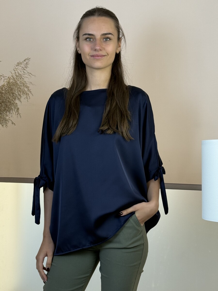 T ujjas szatén hatású blúz - sötétkék - Kép 5