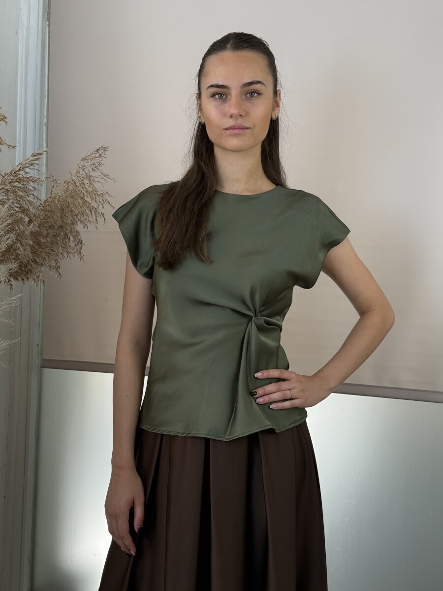 Szatén hatású csavart blúz - khaki - Kép 10