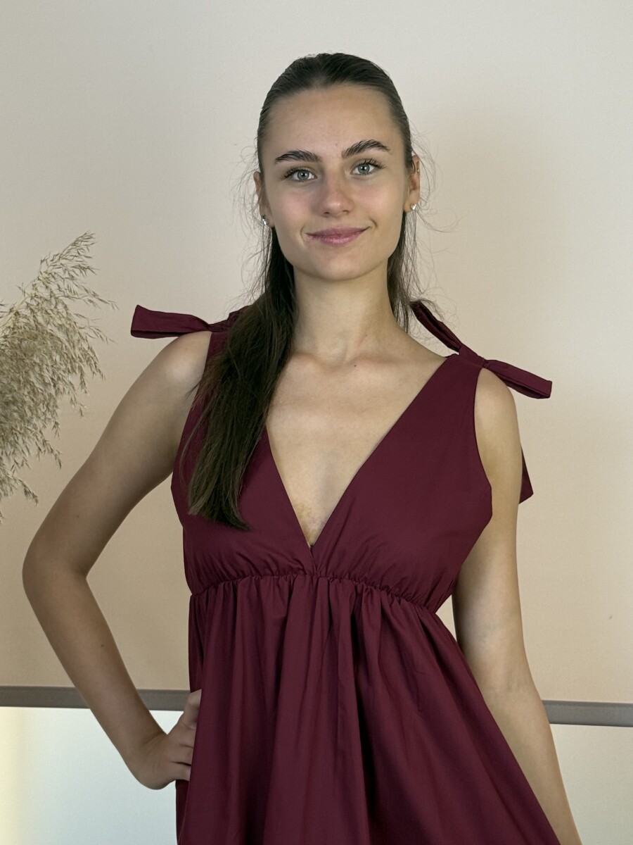 Vállon kötős pamurvászon ruha - bordó - Kép 9