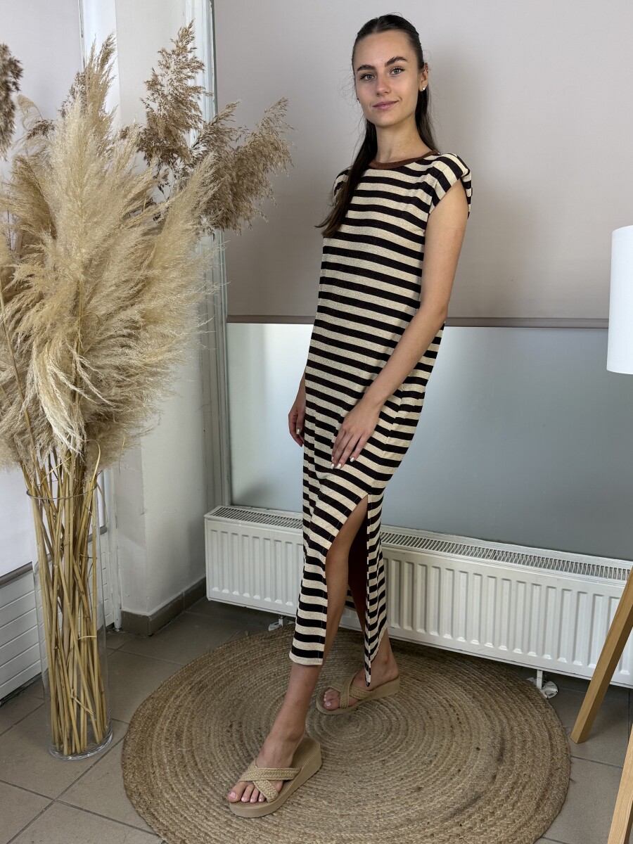 Csíkos maxi ruha - barna-bézs - Kép 10
